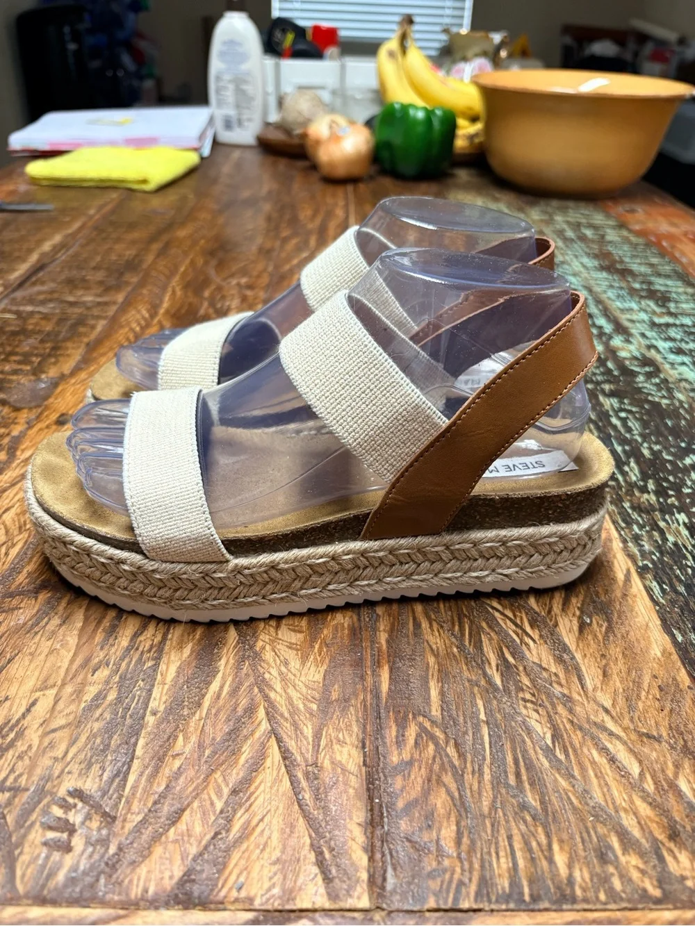 Steve Madden Jaklin Cream and Tan Stretch Espadrille Platform Sandals Size 8